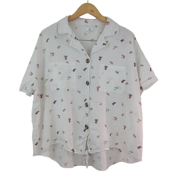dip Tops - Dip Womens Sz 1X Linen Floral Fruits Button Tie Front Blouse Casual Boho Top